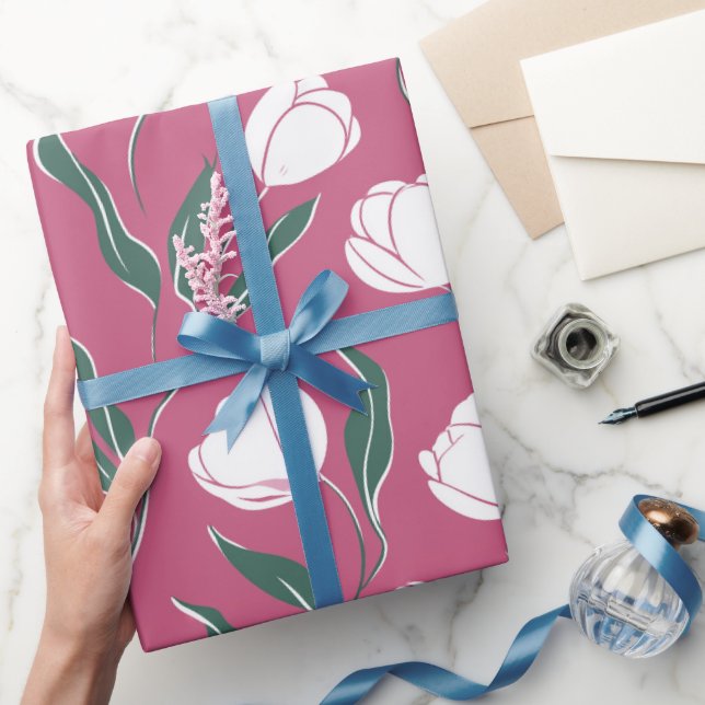 Modern Pink Tulip White Floral Pattern Wrapping Paper (Gifting)