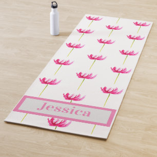 Modern pink tulips floral name monogram yoga mat