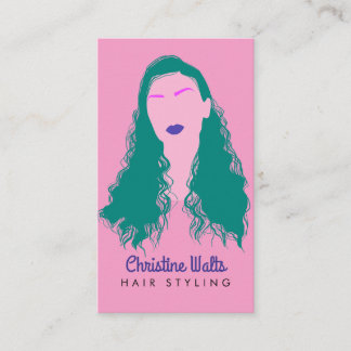 Modern Pink Turquoise Hair Styling Flat Design QR Business Card