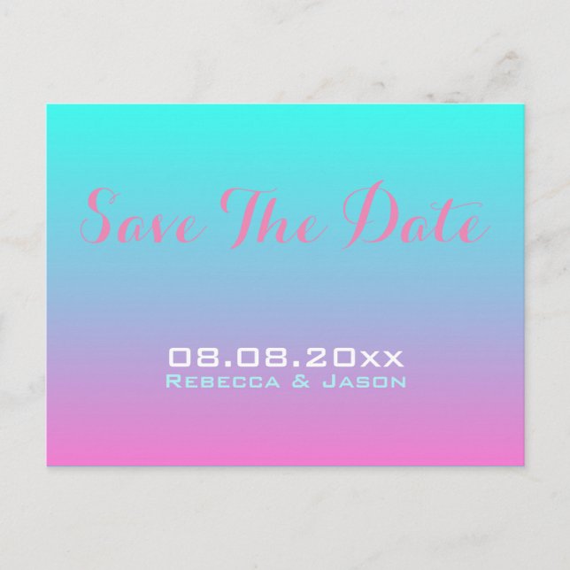 modern pink turquoise ombre wedding save the date announcement postcard (Front)