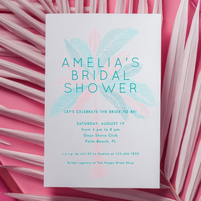 Modern Pink Turquoise Palm Tree Bridal Shower Invitation (Creator Uploaded)