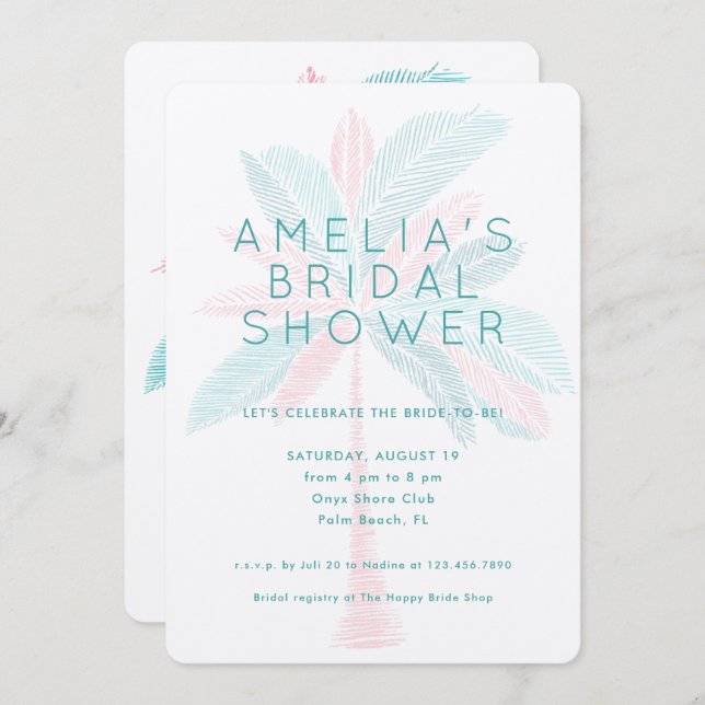 Modern Pink Turquoise Palm Tree Bridal Shower Invitation (Front/Back)