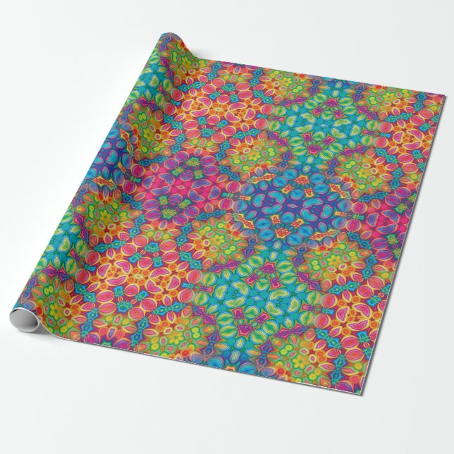 Modern Pink Turquoise Purple Green Kaleidoscope Wrapping Paper (Unrolled)