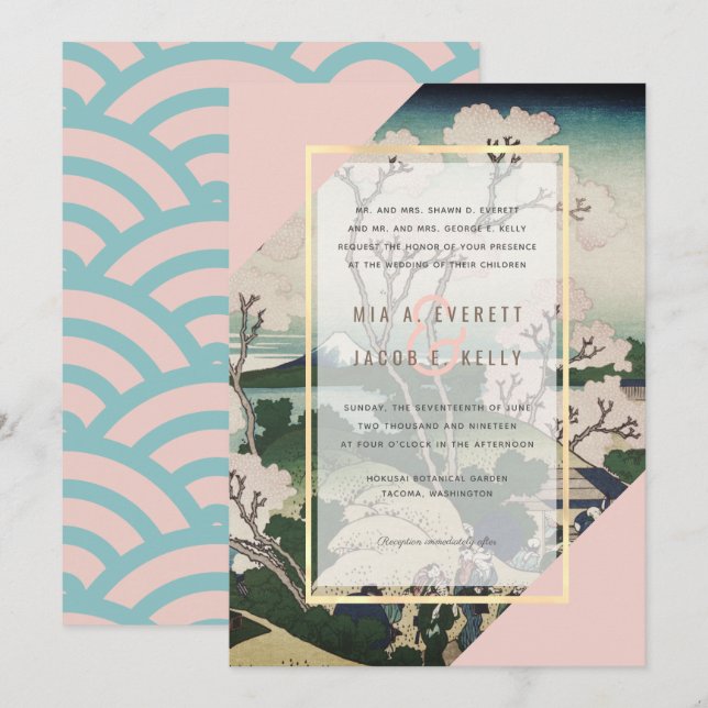 Modern Pink & Turquoise Ukiyo-e Wedding Invitation (Front/Back)