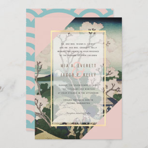 Modern Pink & Turquoise Ukiyo-e Wedding Invitation