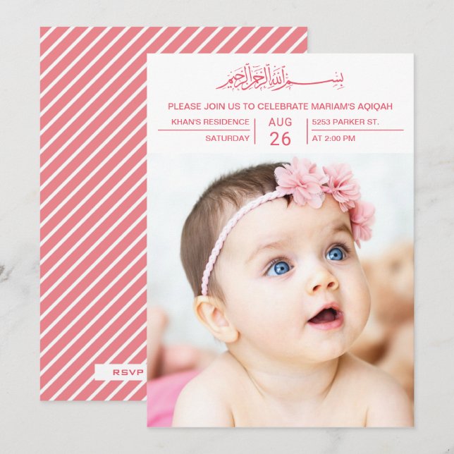 Modern Pink Typography Baby Girl Photo Aqiqah Invitation (Front/Back)