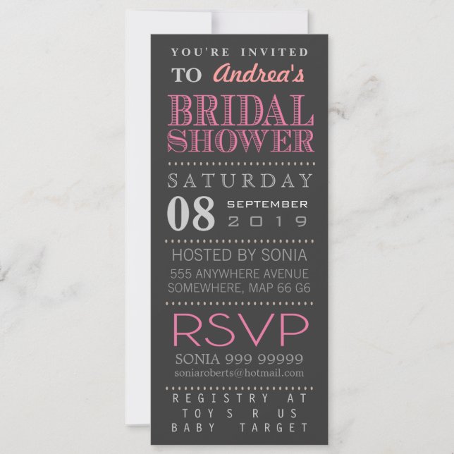 Modern Pink Typography Bridal Wedding Shower Long Invitation (Front)