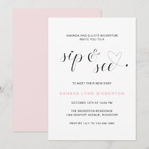 Modern Pink Typography Girl Sip and See Invitation