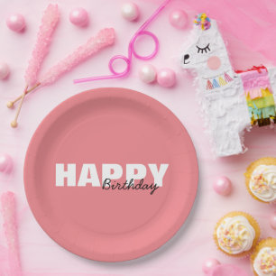 Modern Pink Typography Happy Birthday  Paper Plate