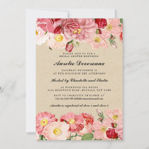 Modern Pink Vintage Roses Kraft Bridal Shower Invitation