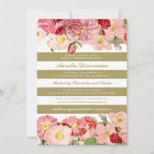 Modern Pink Vintage Roses Stripes Bridal Shower Invitation