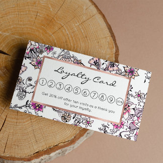 Modern pink violet black white floral illustration loyalty card