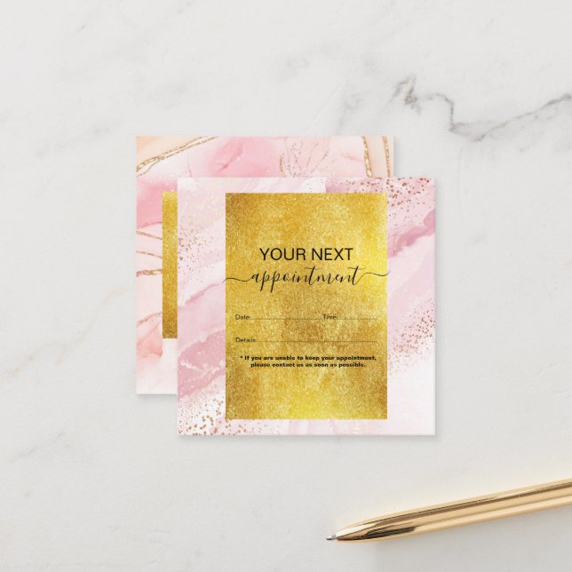 Modern Pink Watercolor and Gold Foil Appointment Card (Front/Back In Situ)