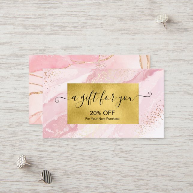 Modern Pink Watercolor and Gold Foil Discount Card (Front/Back In Situ)