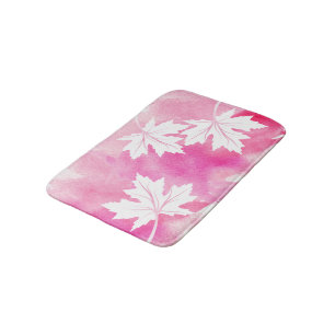 Modern pink watercolor and white maple leaves bath mat