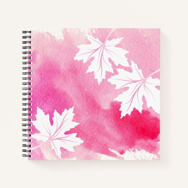 Modern pink watercolor and white maple leaves notebook (Front)