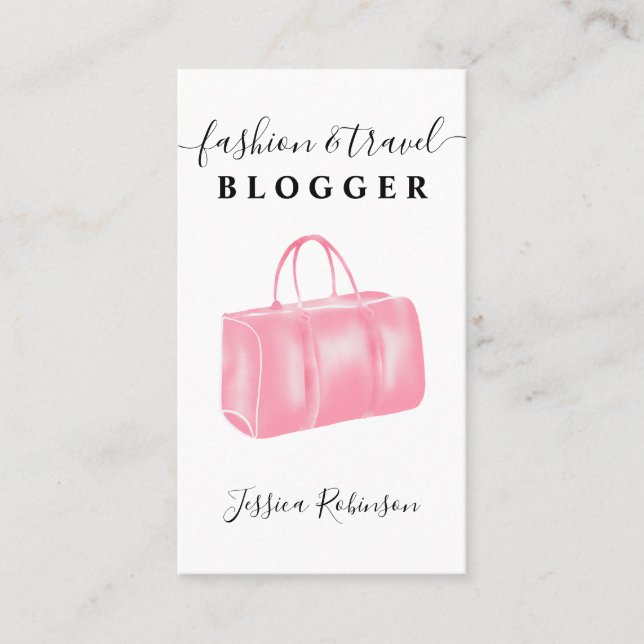 Modern pink watercolor bag script fashion blogger business card (Front)