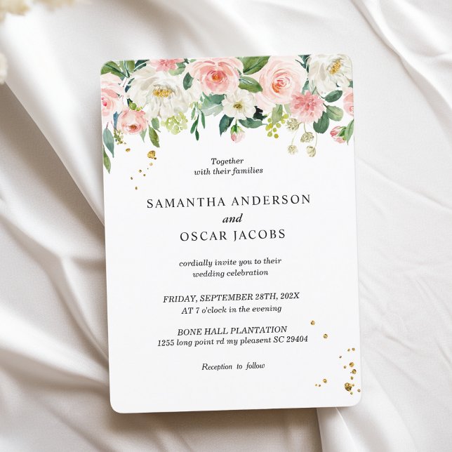 Modern Pink Watercolor Beauty Flowers & Gold Drops Invitation (Creator Uploaded)