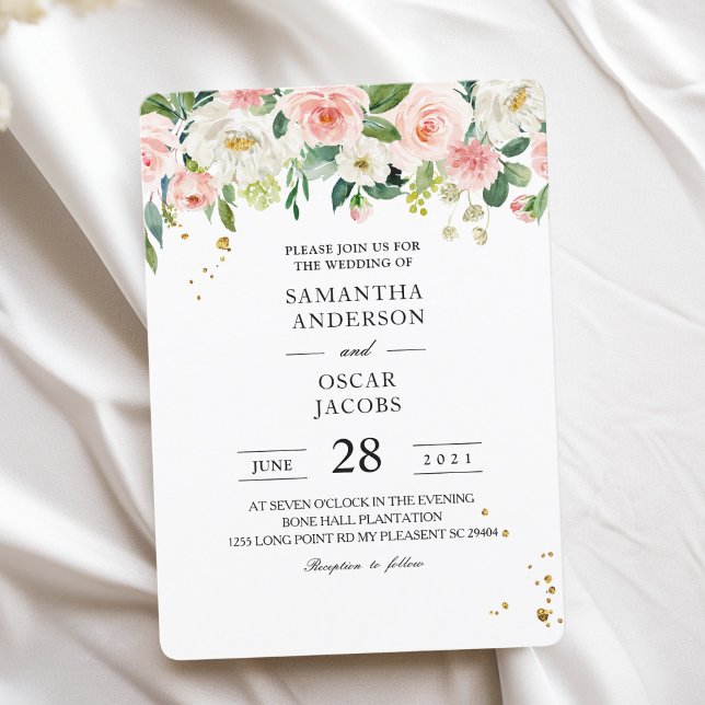 Modern Pink Watercolor Beauty Flowers & Gold Drops Invitation (Creator Uploaded)