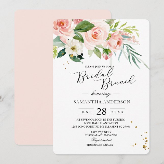 Modern Pink Watercolor Beauty Flowers & Leaves Invitation (Front/Back)
