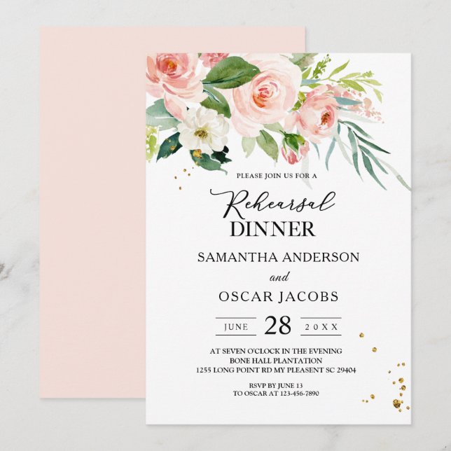 Modern Pink Watercolor Beauty Flowers & Leaves Invitation (Front/Back)