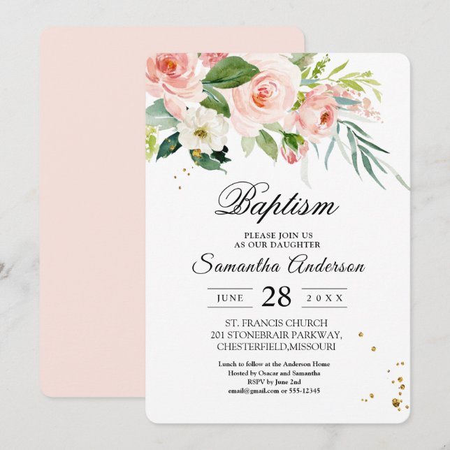 Modern Pink Watercolor Beauty Flowers & Leaves Invitation (Front/Back)