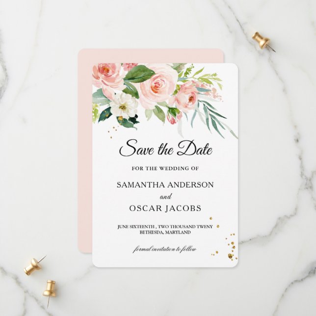 Modern Pink Watercolor Beauty Flowers & Leaves Save The Date (Front/Back In Situ)