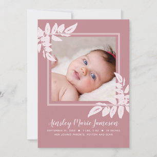 Modern Pink Watercolor Botanical New Baby Birth Announcement