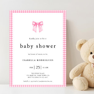 Modern Pink Watercolor Bow Gingham Baby Shower Invitation