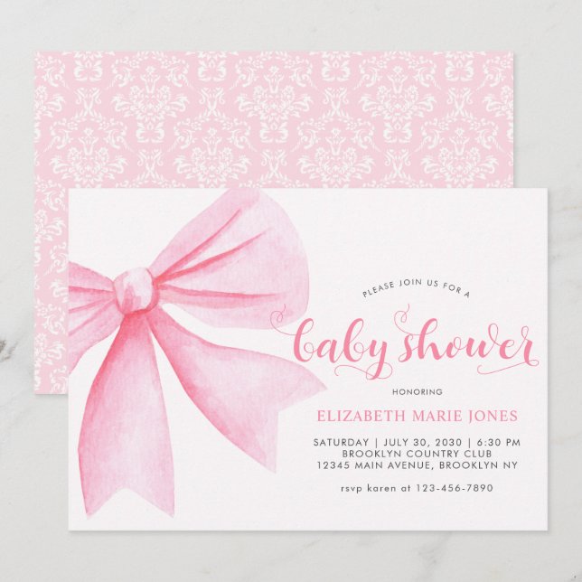 Modern Pink Watercolor Bow Ribbon Girl Baby Shower Invitation (Front/Back)