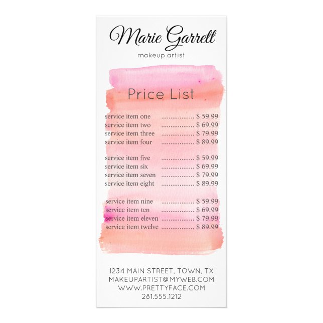 Modern Pink Watercolor Brush Stroke Rack Card (Front)