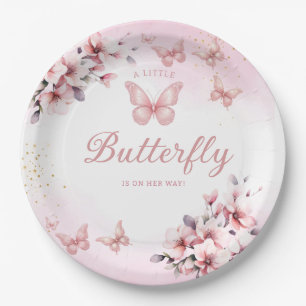Modern Pink Watercolor Butterfly Girl Baby Shower  Paper Plate