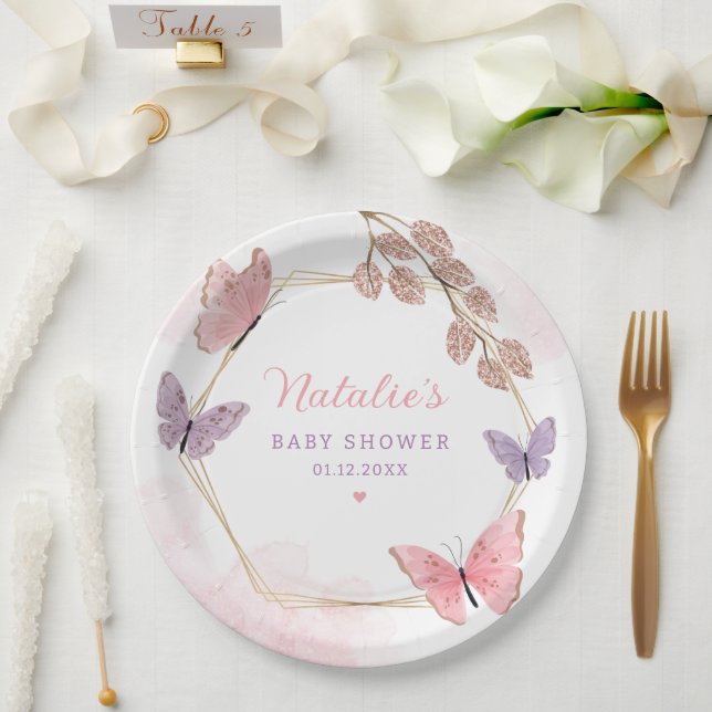Modern Pink Watercolor Butterfly Girl Baby Shower Paper Plate (Wedding)