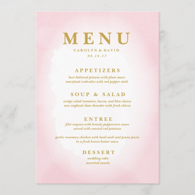 Modern Pink Watercolor Dinner Menu (Front)
