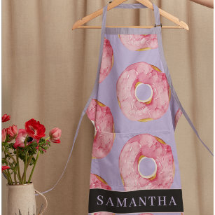 Modern Pink Watercolor Doughnuts Pattern With Name Apron