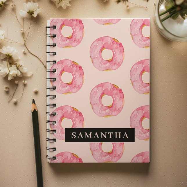 Modern Pink Watercolor Doughnuts Pattern With Name Notebook (Creator Uploaded)