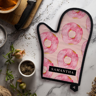 Modern Pink Watercolor Doughnuts Pattern With Name Oven Mitt & Pot Holder Set