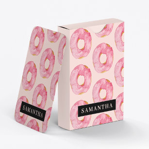 Modern Pink Watercolor Doughnuts Pattern With Name Playing Cards