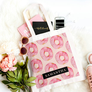 Modern Pink Watercolor Doughnuts Pattern With Name Tote Bag