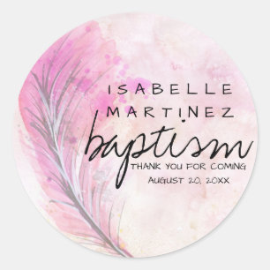 Modern Pink Watercolor Feather Thank You Baptism Classic Round Sticker