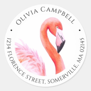 Modern Pink Watercolor Flamingo Return Address Classic Round Sticker