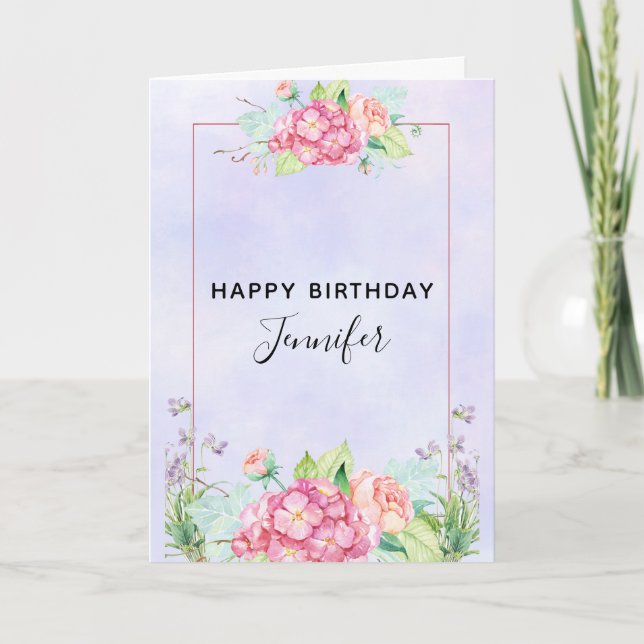 Modern Pink Watercolor Floral Bouquet Birthday Card (Front)