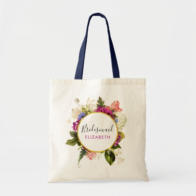 Modern Pink Watercolor Floral Bouquet Bridesmaid Tote Bag (Front)