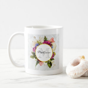 Modern Pink Watercolor Floral Bouquet Monogram Coffee Mug