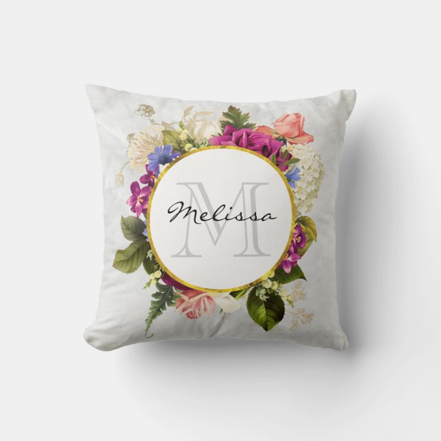 Modern Pink Watercolor Floral Bouquet Monogram Cushion (Front)