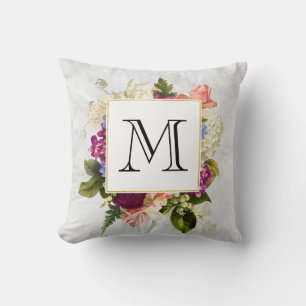 Modern Pink Watercolor Floral Bouquet Monogram Cushion
