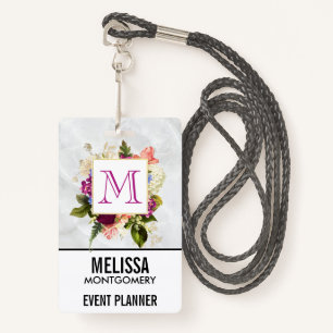 Modern Pink Watercolor Floral Bouquet Monogram ID Badge