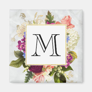 Modern Pink Watercolor Floral Bouquet Monogram Magnet