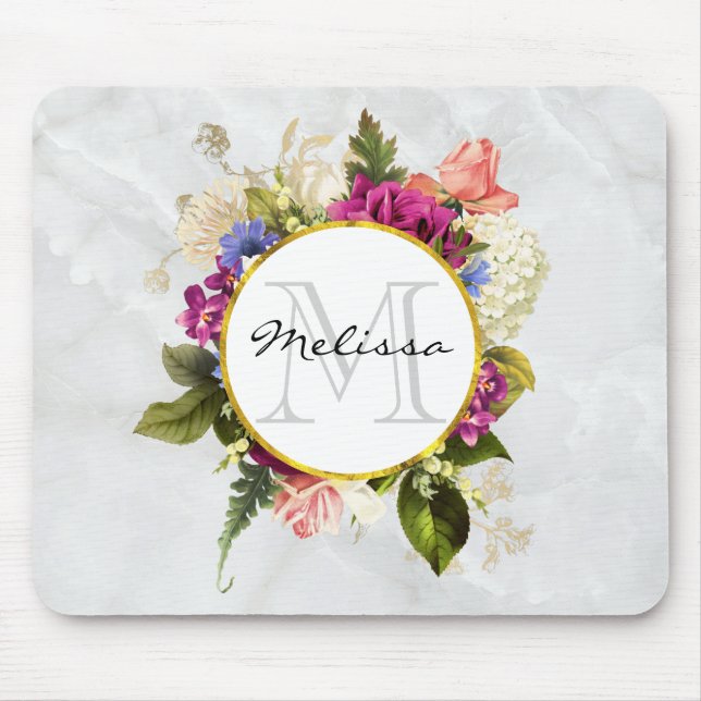 Modern Pink Watercolor Floral Bouquet Monogram Mouse Mat (Front)
