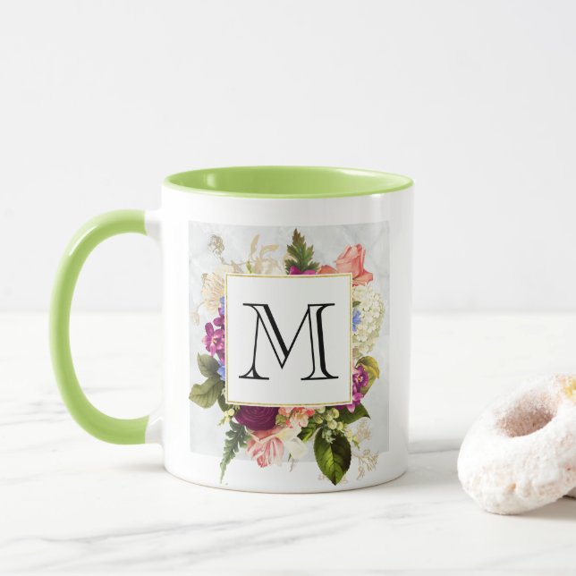 Modern Pink Watercolor Floral Bouquet Monogram Mug (With Donut)